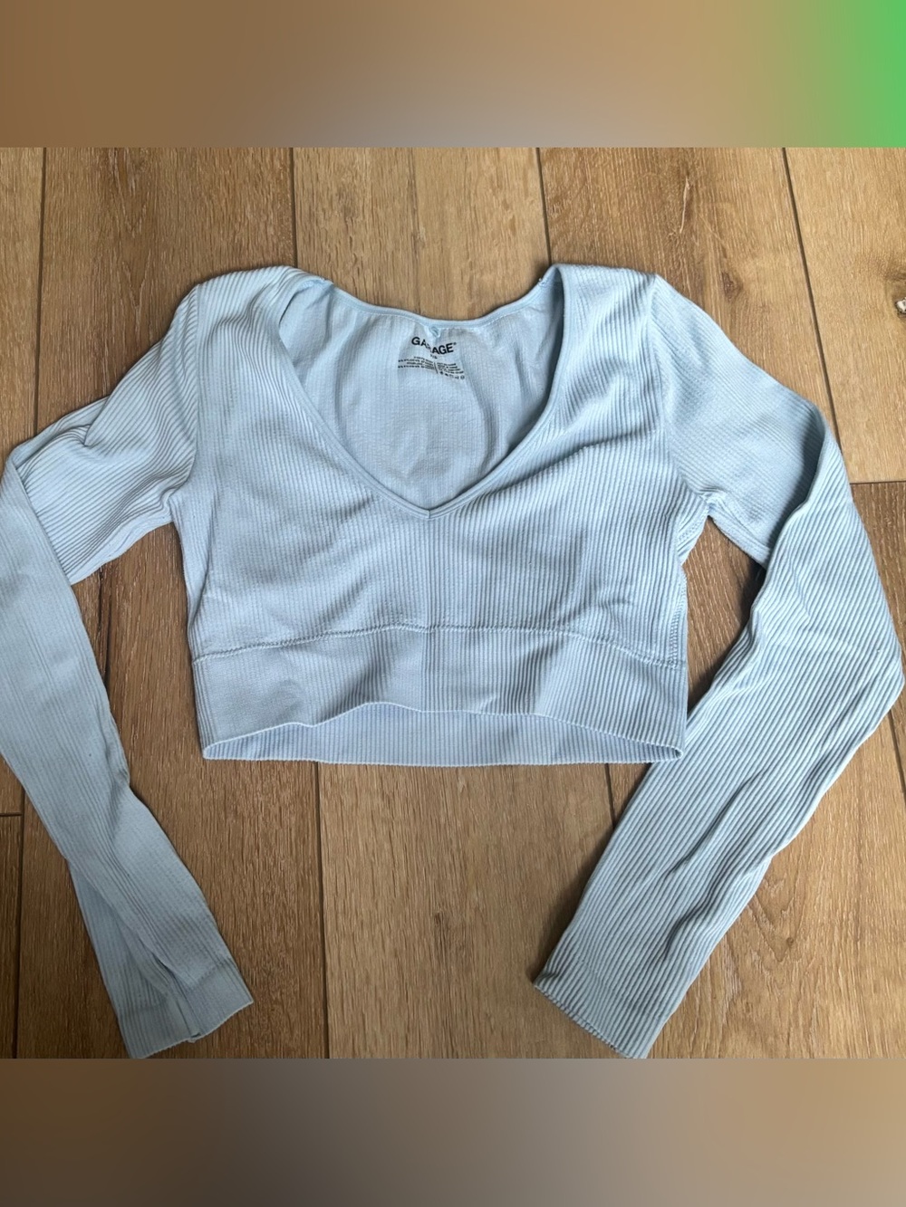 Garage Pale Blue Ribbed V-Neck Long Sleeve Cropped Top